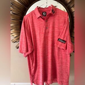 Red FootJoy golf button down shirt with Titleist logo